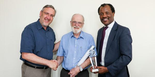 L_R Director Research Development Dr Robin Drennan, five times NRF A rated researcher Prof. Beric Skews and DVC Research and Postgraduate Affairs, Prof. Zeblon Vilakazi.